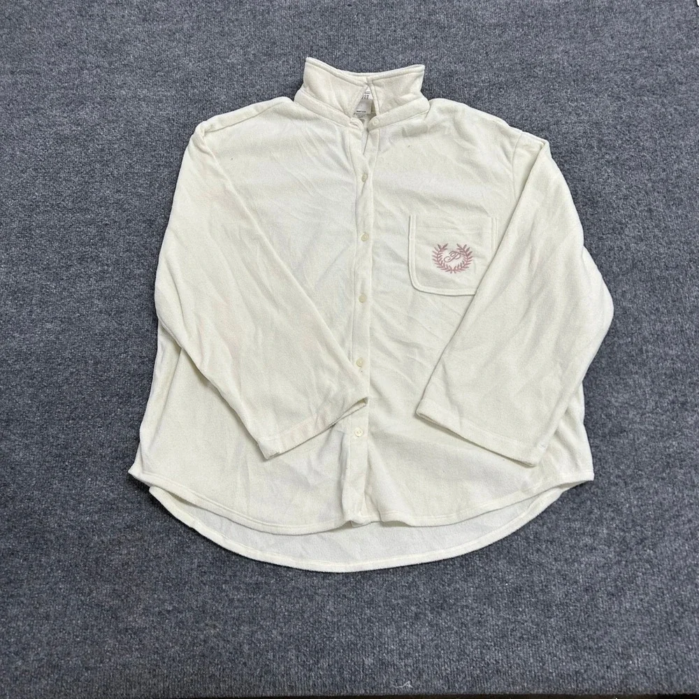 PINK Sleepwear Top Womens Size XL Cream Fleece Button Down Crest Logo Pajama Top